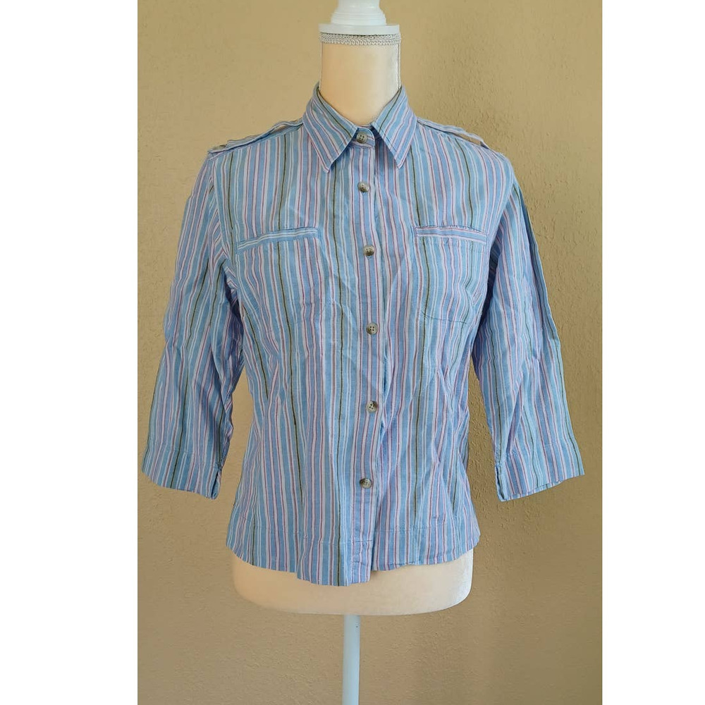 Columbia Button Up Shirt Pink Blue Striped Petite Medium Linen Cotton